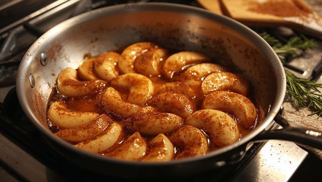 Caramelizing apple wedges in stainless steel skillet with cinnamon butter glaze, rosemary