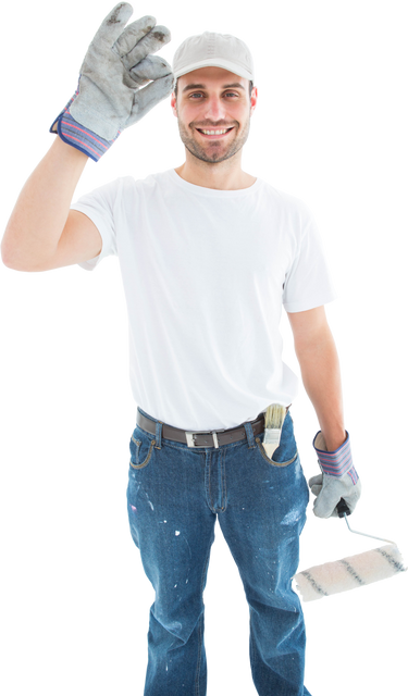 Happy Painter Waving While Holding Paint Roller on Transparent Background - Download Free Stock Videos Pikwizard.com