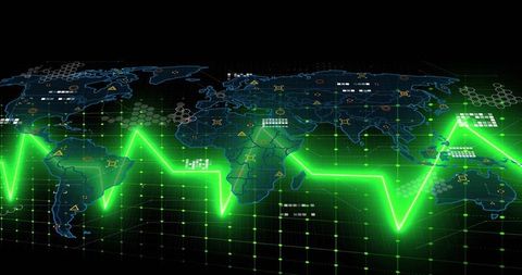 Futuristic global network with pulsing ecg line and hexagonal overlays