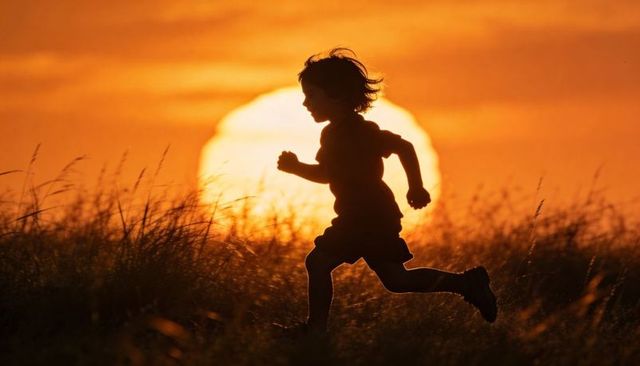Running child silhouette at sunset over tall meadow grass with dramatic orange backlight