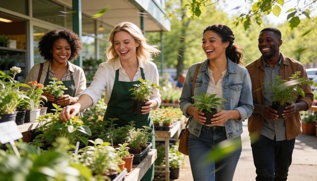 Smiling nursery staff and customers selecting potted plants in sunny outdoor aisle