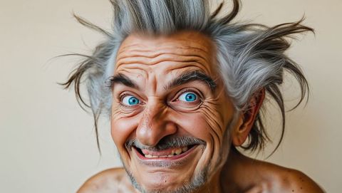 Senior man with playful expression and tousled crazy hair