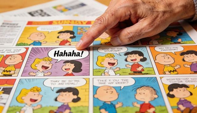 Senior hand pointing at peanuts comic strip with laughing speech bubble on wooden table