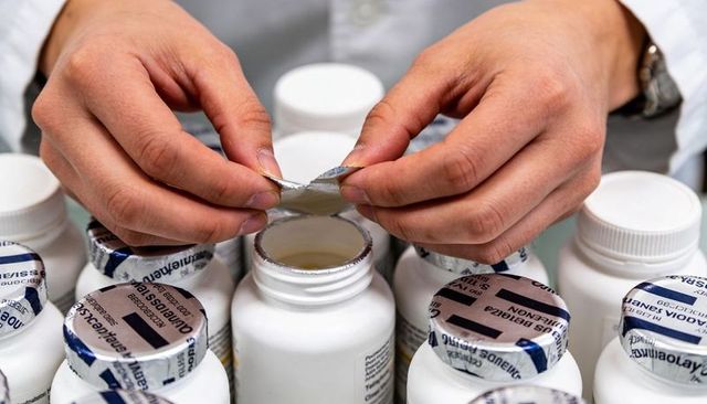 Hands of pharmacy technician peeling foil seal from pill bottle, medication dispensing