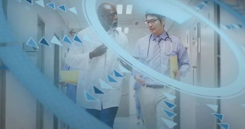 Multicultural Doctors Walking Hospital With Futuristic Holographic Health Interface