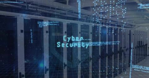 Holographic Cybersecurity Overlay Protecting Server Racks in Futuristic Datacenter Aisle