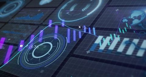 Futuristic Digital Interface with Holographic Charts and Data