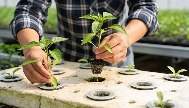 Hands Transplanting Seedlings into Hydroponic Net Pots on Propagation Tray in Greenhouse
