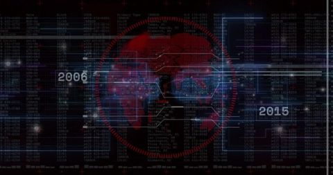 Red Digital Globe Encircled by Dotted HUD Ring Displaying Global Data Timeline 2006–2015