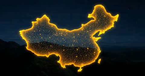 Glowing China Map With Pulsing Lights Over Mountain Silhouette