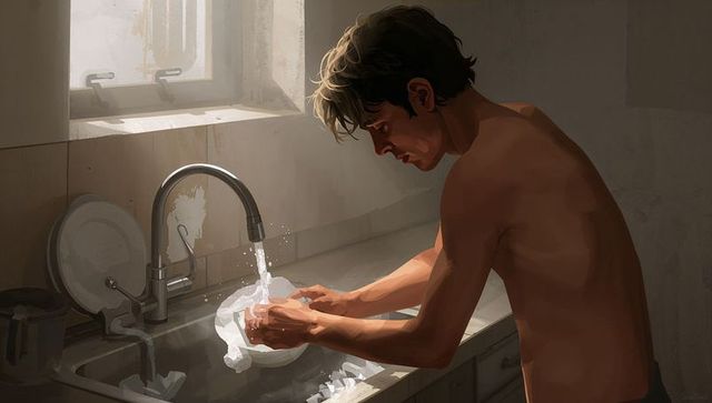 Sunlit shirtless man rinsing white cloth at stainless kitchen sink, minimalist solitude
