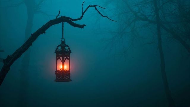 Mystical lantern casting warm light in foggy forest