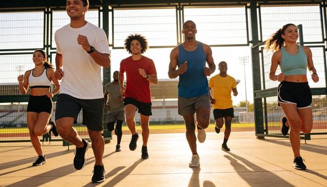 Sunlit group running together entering track gate showcasing teamwork and fitness momentum