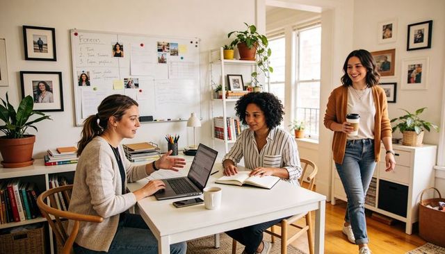Three women collaborating in sunlit home office planning using laptop and notebook
