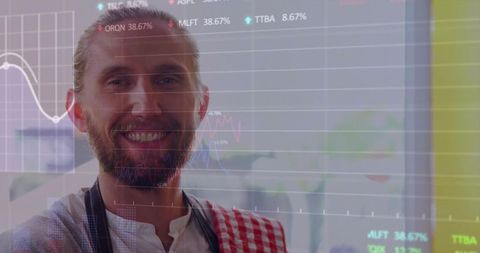 Barista smiling behind glass with data visualization overlay in modern cafe