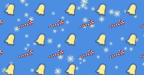 Festive christmas bells and candy cane pattern on blue