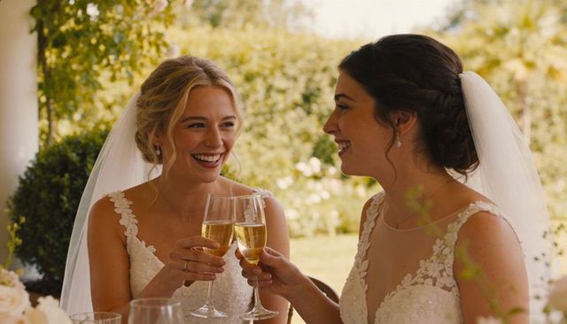 Two brides clinking champagne flutes at garden reception wearing lace gowns and veils