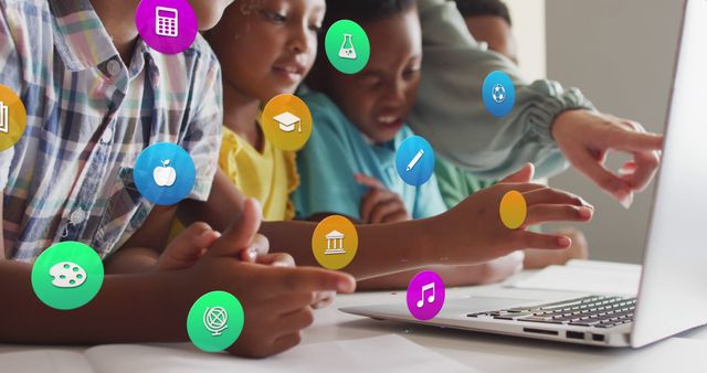 Children exploring educational content on a tablet with various colorful icons representing subjects floating around. Great for promoting digital learning, educational products, technological integration in schools, or teamwork among students.