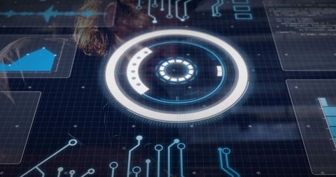 Male Engineer Projecting Holographic Circular HUD Over Glass Workstation, Circuit Interface