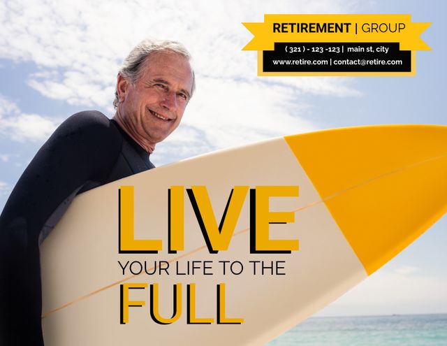Senior man holding a surfboard on the beach, symbolizing an active and fulfilling retirement lifestyle. Ideal for promoting retirement plans, senior fitness, healthy living, and travel destinations.