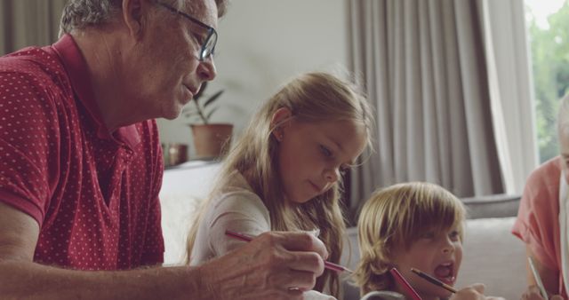 Grandfather and Grandkids Enjoying Arts and Crafts at Home - Download Free Stock Images Pikwizard.com