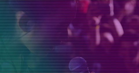 Microphone grille on club stage with dj headset and crowd silhouettes in magenta teal scanlines