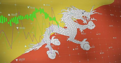 Digitally Generated Flag of Bhutan with Financial Data Overlay
