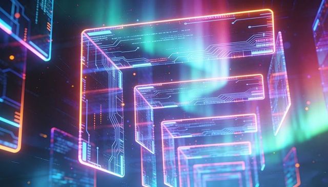 Neon data tunnel forming holographic circuit panels with aurora light trails