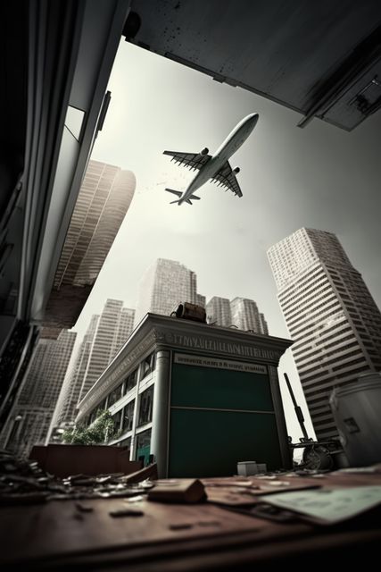 Cityscape of modern skyscrapers over airplane on sky, using generative ai technology. Cityscape, airplanes and modern concept digitally generated image.