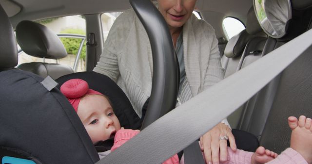 Caucasian mother kissing her baby in safety seat in the car - Download Free Stock Photos Pikwizard.com
