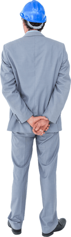 Transparent businessman in gray suit with blue helmet