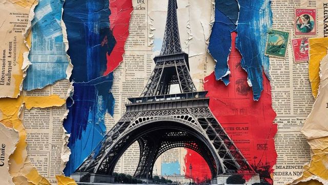 Eiffel tower with artistic collage and tricolor strokes