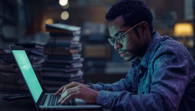 Focused Man Typing on Laptop at Cozy Study Desk