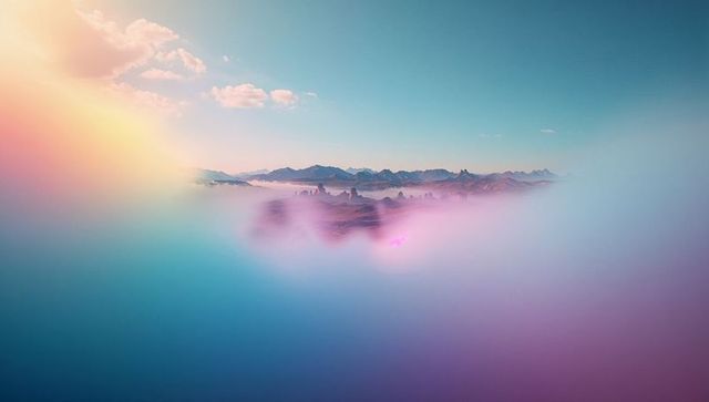 Colorful Misty Landscape with Rocky Peaks and Ethereal Glow