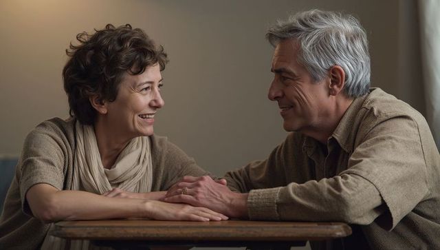 Senior couple holding hands and smiling in cozy interior with warm soft lighting