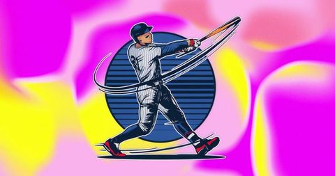 Dynamic baseball player swinging bat with motion trail in vector art