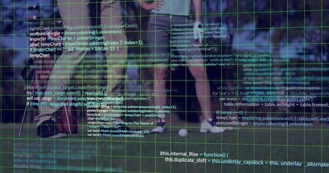 Soccer players shifting weight on grass with code overlay and neon grid, tech-sport fusion