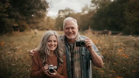 Senior Couple Capturing Memories with Vintage Cameras in Autumn Meadow