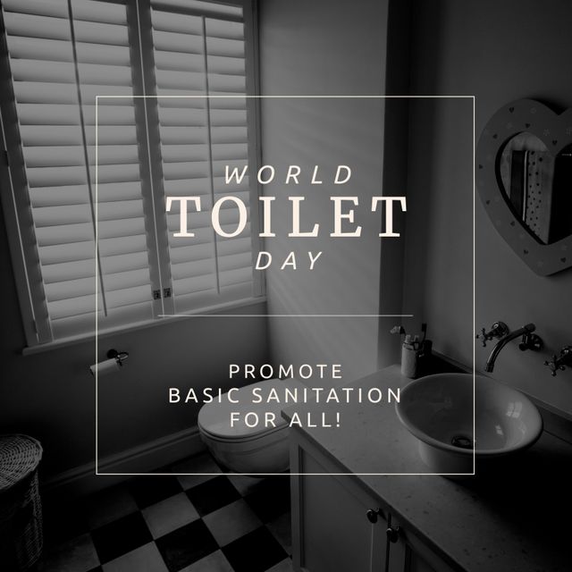Digital composite image of world toilet day promote basic sanitation for all text in bathroom. Copy space, raise awareness, safely managed sanitation, hygiene, public health.
