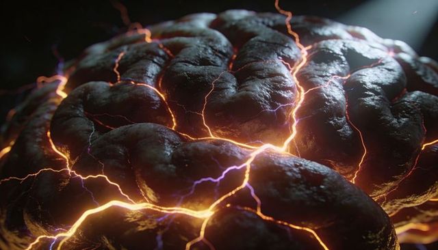 Glowing organic brain mass with molten fissures and electric arcs — neural energy concept