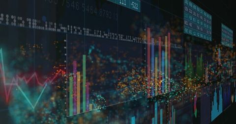 Futuristic neon data dashboards visualizing financial analytics and market trends