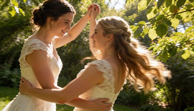 Two brides dancing sunlit garden twirling in lace cap-sleeve gowns romantic intimate