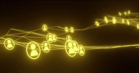 Glowing yellow network connecting user nodes in digital social mesh and data flow