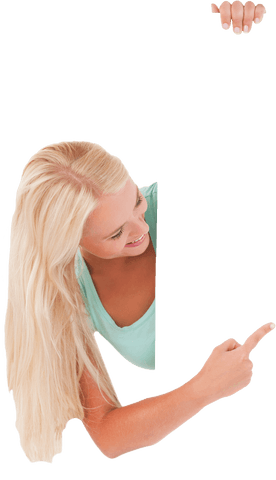 Smiling Blonde Woman Pointing at Transparent Space for Copy - Download Free Stock Videos Pikwizard.com