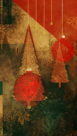 Unfolding Festive Animation with Gold Trees, Red Baubles and Stars — Vertical Loop