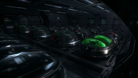 Glowing green-domed docking pods in dark industrial ship bay, futuristic stasis capsules