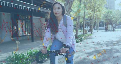 Urban cyclist riding city bike with augmented data overlay, commuting through sunlit lane