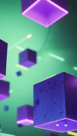 Rotating neon-lit purple cubes rising over green gradient backdrop vertical futuristic loop