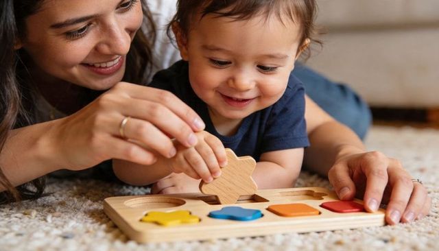 Toddler playing with wooden shape sorter parent guiding hand for early learning bonding