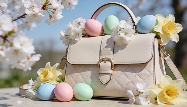 Cream quilted handbag with pastel easter eggs and spring blossoms on garden table